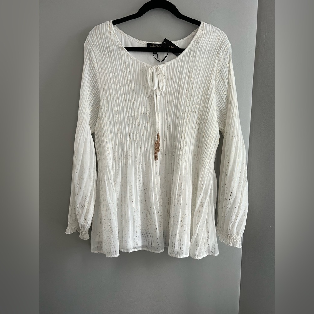 Blouse Melissa Paige white and gold blouse size 2X New with gold color tassels - Picture 1 of 10